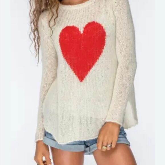 Wooden Ships Heart Sweater S/M Cream Red Mohair Wool Blend Chunky Knit Pullover - Picture 5 of 9
